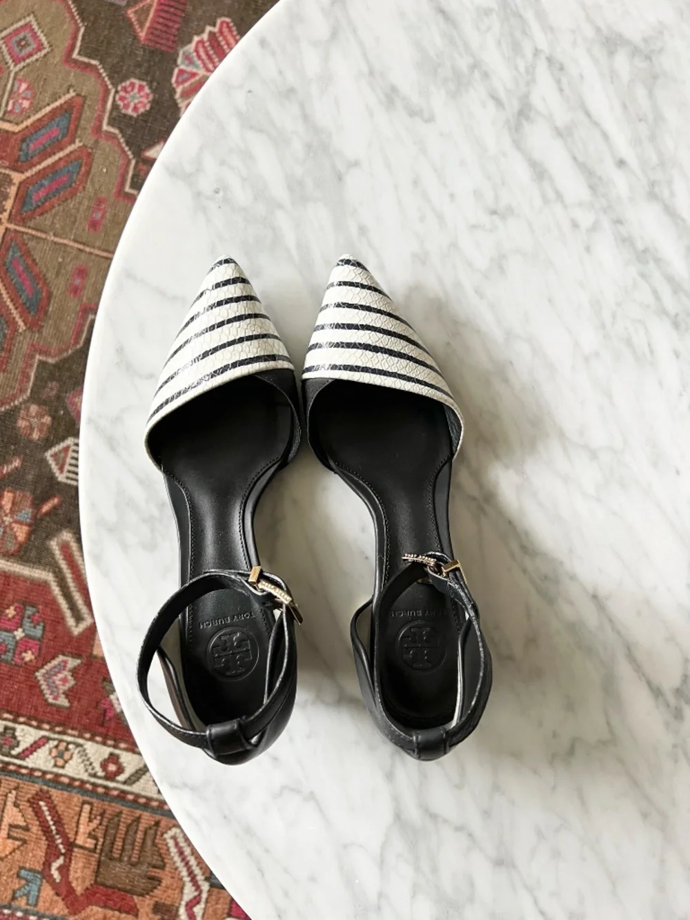 Tory Burch Navy White Striped Pointed Toe Ankle Strap Heels 6.5